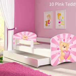 Dječji krevet ACMA s motivom, bočna bijela + ladica 140x70 cm 10 Pink Teddy Bear