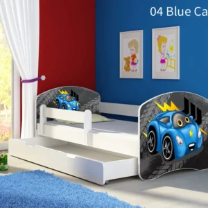Dječji krevet ACMA s motivom, bočna bijela + ladica 140x70 cm 04 Blue Car