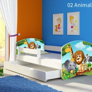 Dječji krevet ACMA s motivom, bočna bijela + ladica 140x70 cm 02 Animals