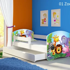 Dječji krevet ACMA s motivom, bočna bijela + ladica 140x70 cm 01 Zoo