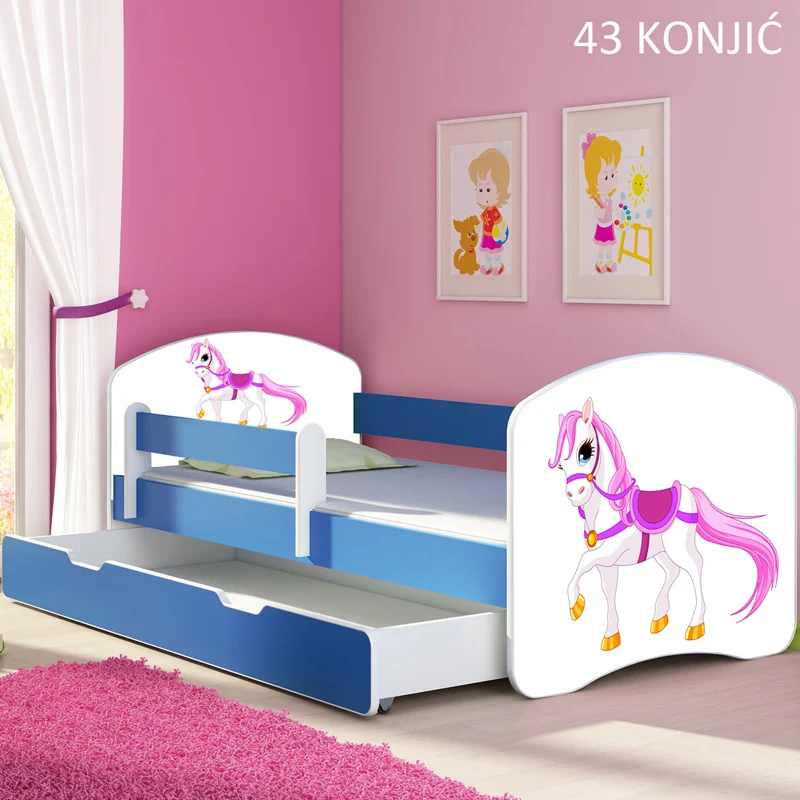 Dječji krevet ACMA s motivom, bočna plava + ladica 180x80 cm 43 Konjić