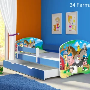 Dječji krevet ACMA s motivom, bočna plava + ladica 180x80 cm 34 Farm