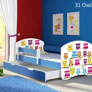 Dječji krevet ACMA s motivom, bočna plava + ladica 180x80 cm 31 Owls