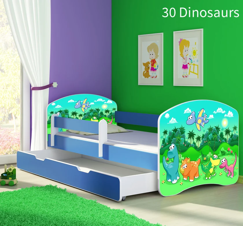 Dječji krevet ACMA s motivom, bočna plava + ladica 180x80 cm 30 Dinosaurs