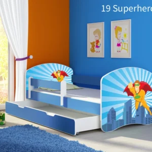 Dječji krevet ACMA s motivom, bočna plava + ladica 180x80 cm 19 Superhero