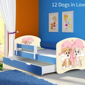 Dječji krevet ACMA s motivom, bočna plava + ladica 180x80 cm 12 Dogs Love