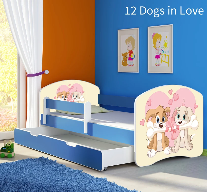 Dječji krevet ACMA s motivom, bočna plava + ladica 180x80 cm 12 Dogs Love