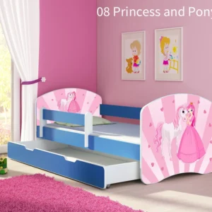 Dječji krevet ACMA s motivom, bočna plava + ladica 180x80 cm 08 Princess Pony