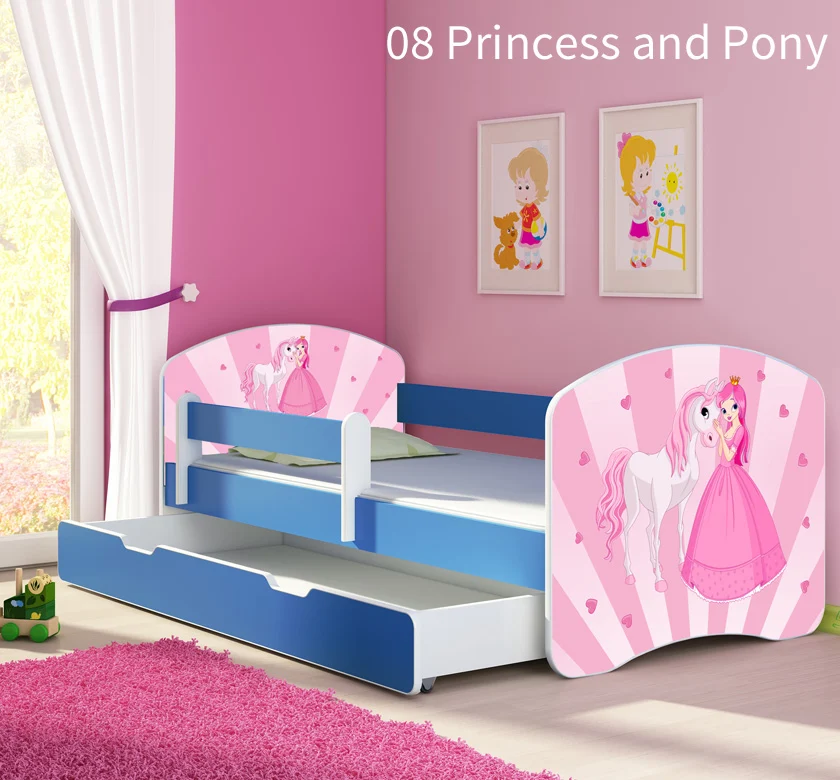 Dječji krevet ACMA s motivom, bočna plava + ladica 180x80 cm 08 Princess Pony
