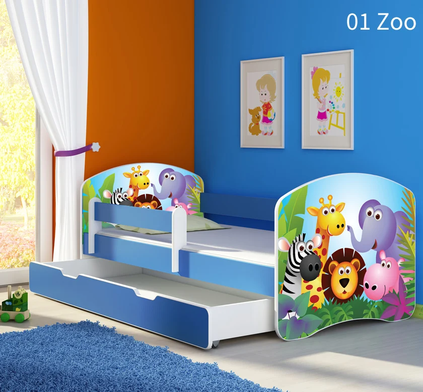 Dječji krevet ACMA s motivom, bočna plava + ladica 180x80 cm 01 Zoo