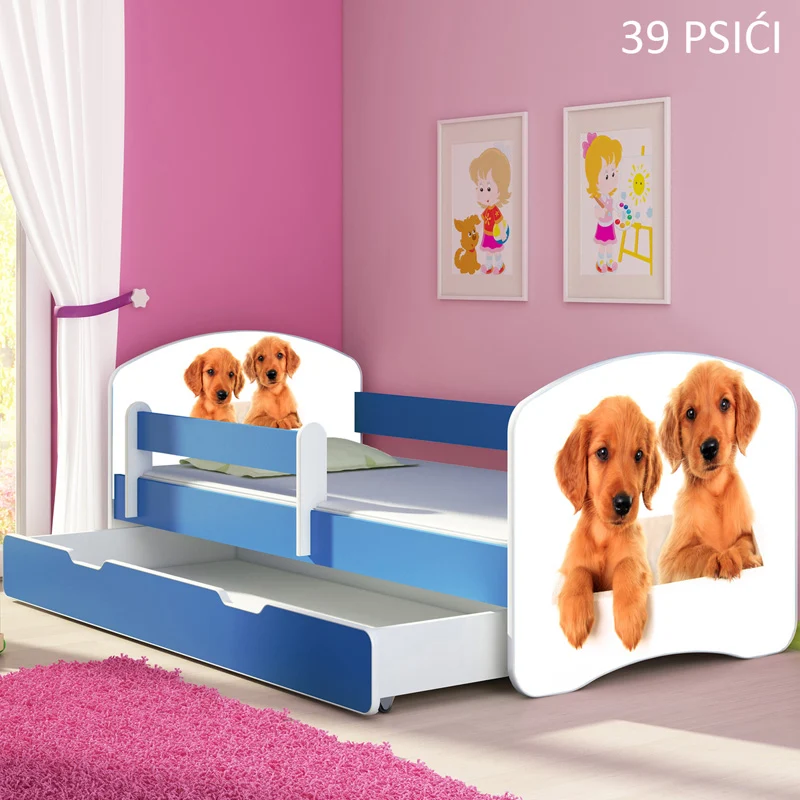 Dječji krevet ACMA s motivom, bočna plava + ladica 160x80 cm 39 Psići