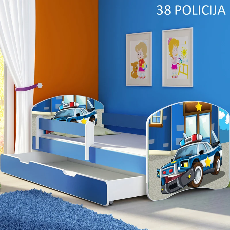 Dječji krevet ACMA s motivom, bočna plava + ladica 160x80 cm 38 Policija
