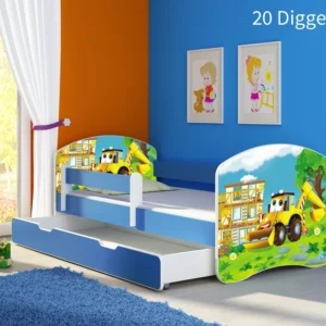 Dječji krevet ACMA s motivom, bočna plava + ladica 160x80 cm 20 Digger