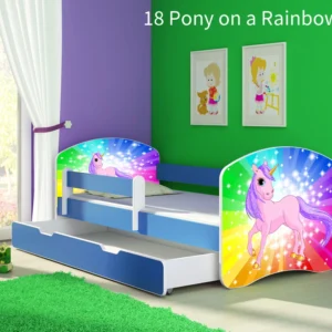 Dječji krevet ACMA s motivom, bočna plava + ladica 160x80 cm 18 Pony on rainbow