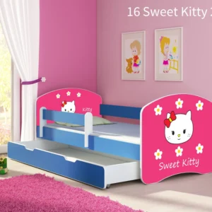 Dječji krevet ACMA s motivom, bočna plava + ladica 160x80 cm 16 Sweet Kitty 2