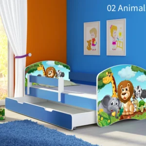 Dječji krevet ACMA s motivom, bočna plava + ladica 160x80 cm 02 Animals