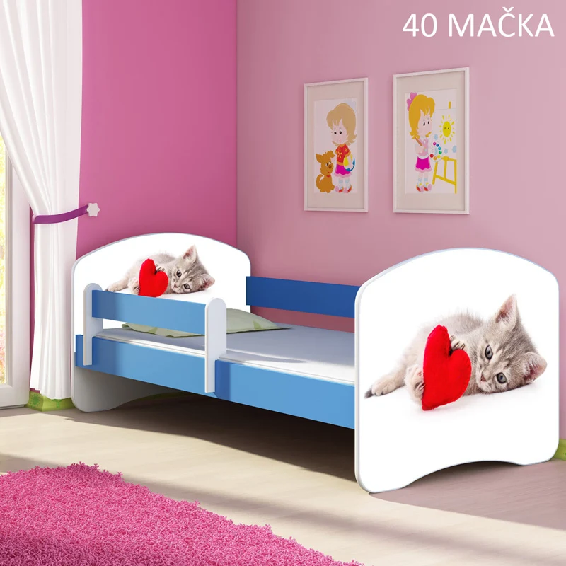 Dječji krevet ACMA s motivom, bočna plava 160x80 cm 40 Mačka