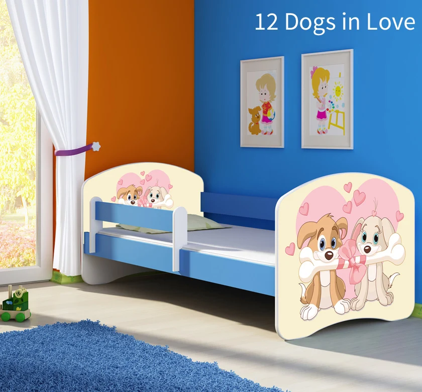 Dječji krevet ACMA s motivom, bočna plava 160x80 cm 12 Dogs Love