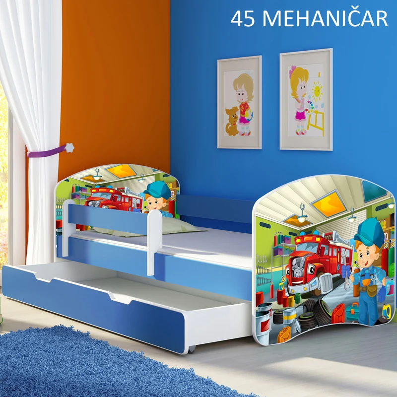 Dječji krevet ACMA s motivom, bočna plava + ladica 140x70 cm 45 Mehaničar
