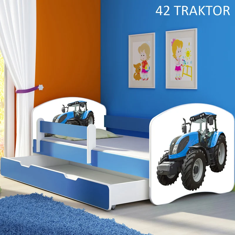 Dječji krevet ACMA s motivom, bočna plava + ladica 140x70 cm 42 Traktor