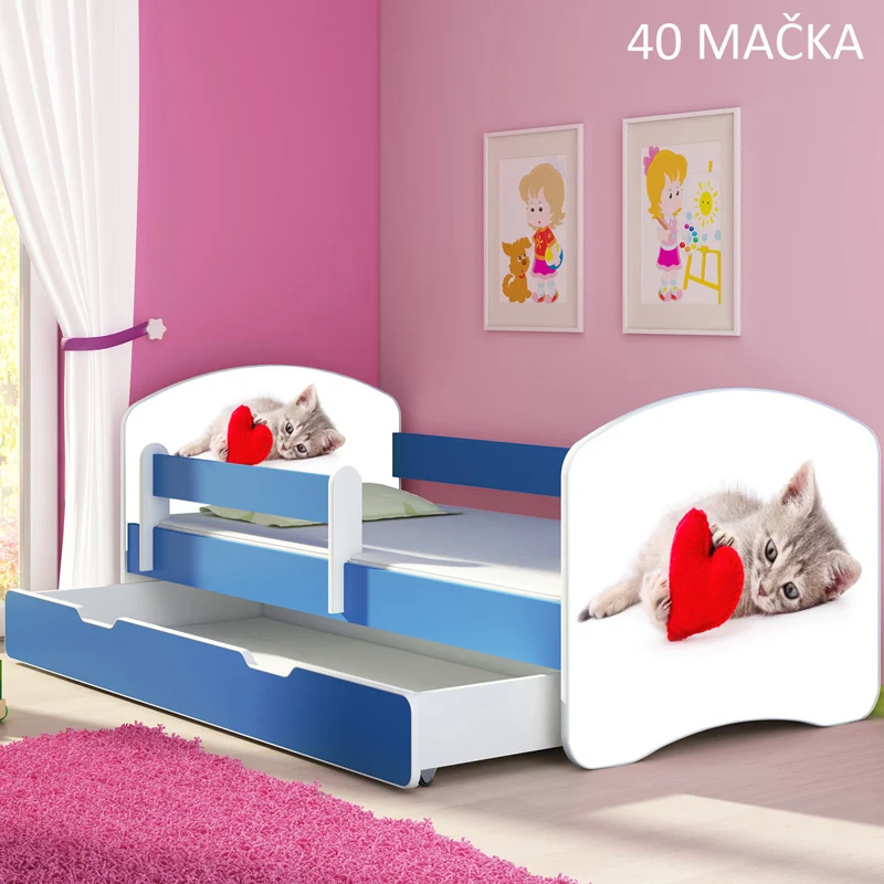 Dječji krevet ACMA s motivom, bočna plava + ladica 140x70 cm 40 Mačka