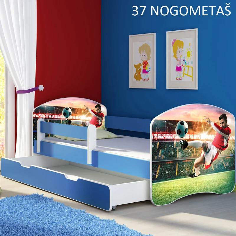 Dječji krevet ACMA s motivom, bočna plava + ladica 140x70 cm 37 Nogometaš