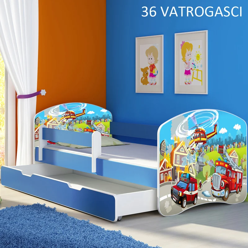 Dječji krevet ACMA s motivom, bočna plava + ladica 140x70 cm 36 Vatrogasci