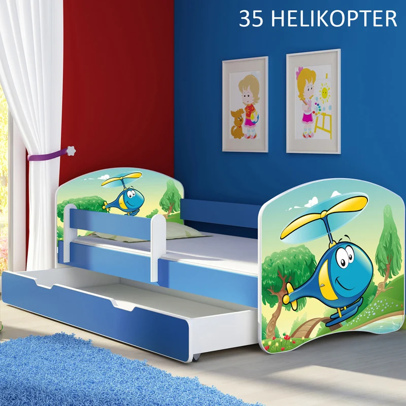 Dječji krevet ACMA s motivom, bočna plava + ladica 140x70 cm 35 Helikopter