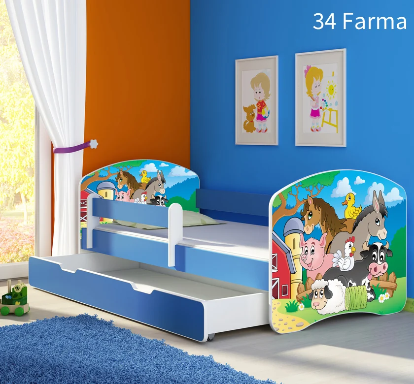 Dječji krevet ACMA s motivom, bočna plava + ladica 140x70 cm 34 Farm