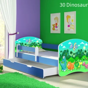 Dječji krevet ACMA s motivom, bočna plava + ladica 140x70 cm 30 Dinosaurs