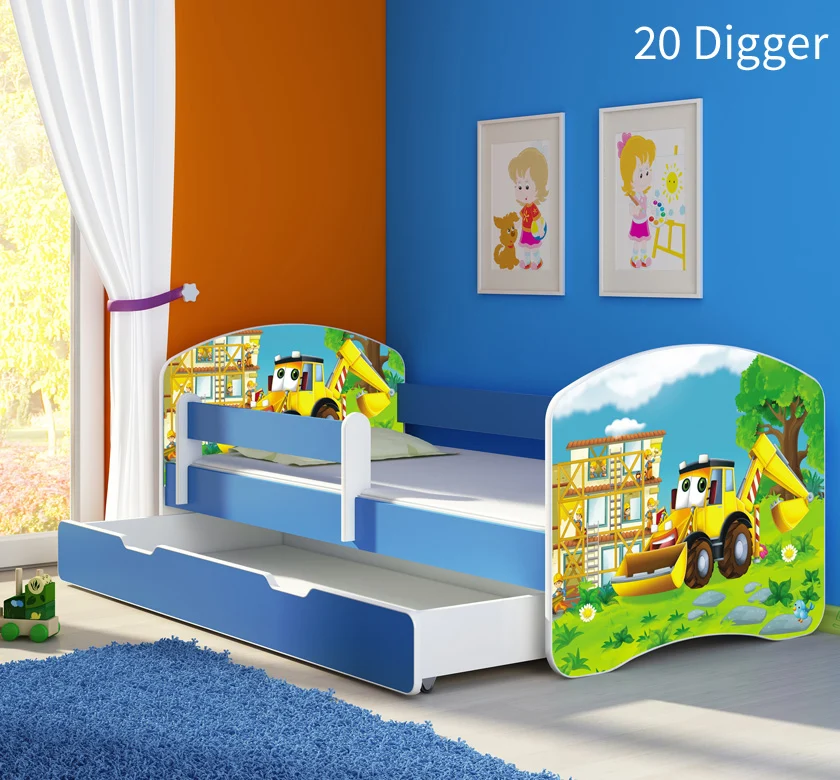 Dječji krevet ACMA s motivom, bočna plava + ladica 140x70 cm 20 Digger