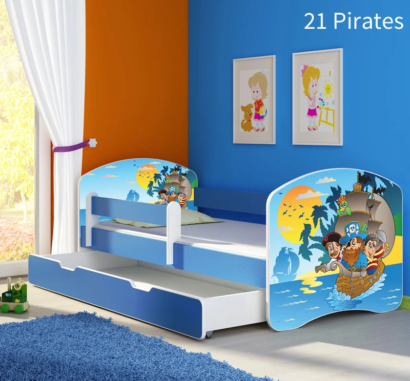 Dječji krevet ACMA s motivom, bočna plava + ladica 140x70 cm 21 Pirates