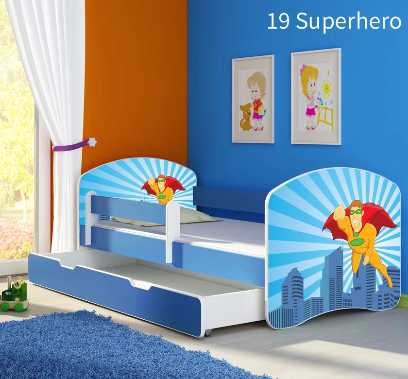 Dječji krevet ACMA s motivom, bočna plava + ladica 140x70 cm 19 Superhero