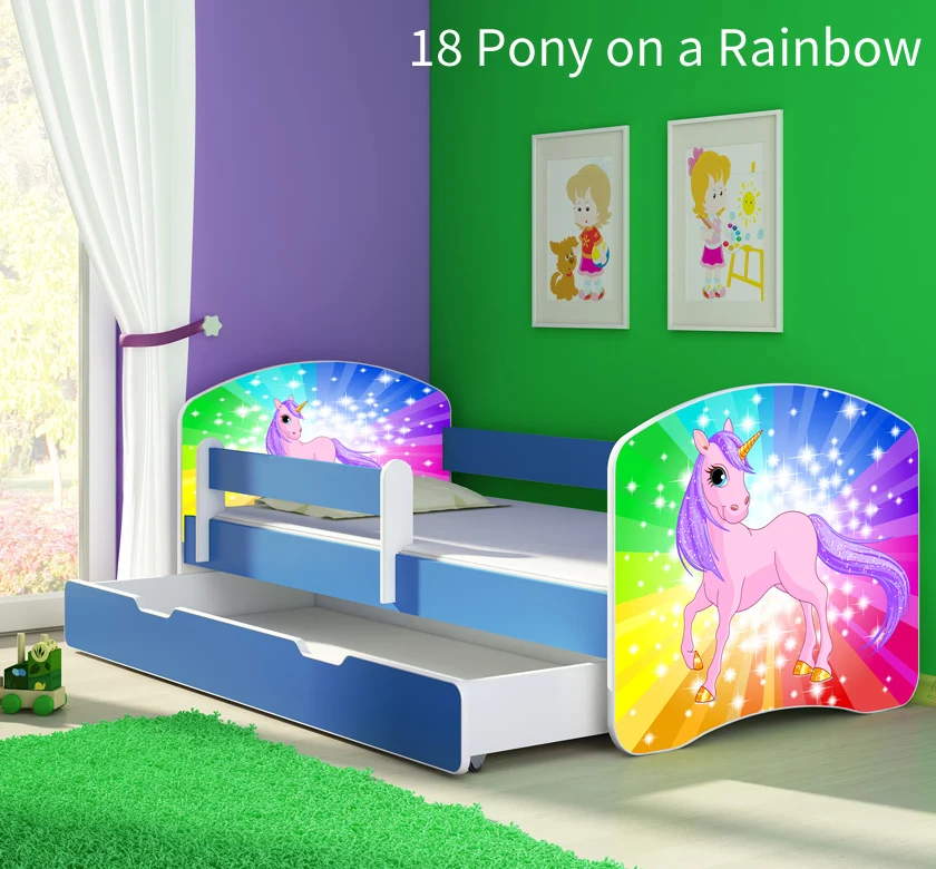 Dječji krevet ACMA s motivom, bočna plava + ladica 140x70 cm 18 Pony on rainbow