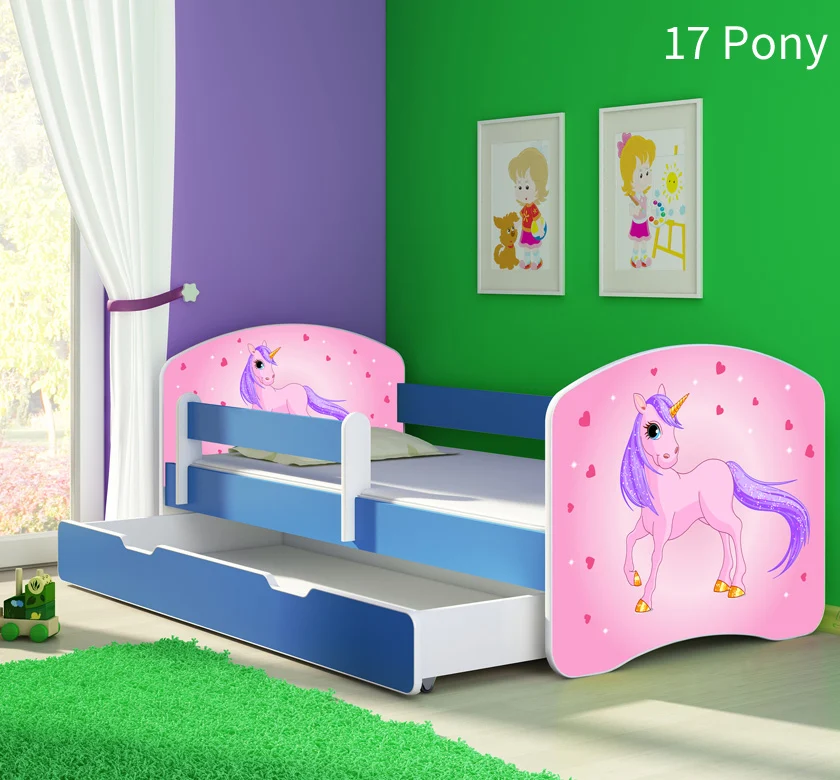 Dječji krevet ACMA s motivom, bočna plava + ladica 140x70 cm 17 Pony