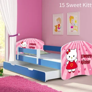 Dječji krevet ACMA s motivom, bočna plava + ladica 140x70 cm 15 Sweet Kitty