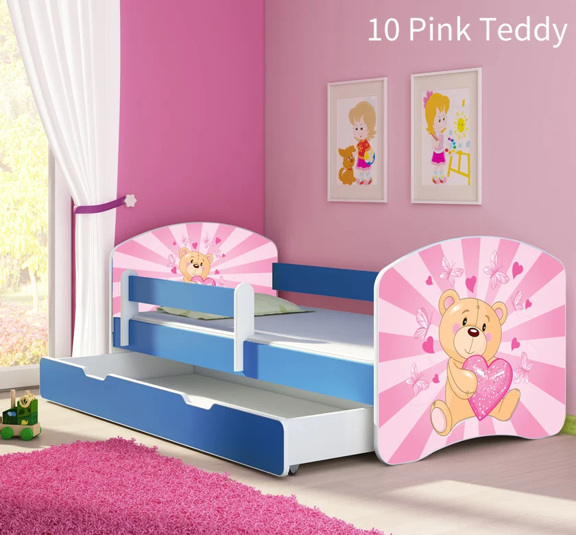 Dječji krevet ACMA s motivom, bočna plava + ladica 140x70 cm 10 Pink Teddy Bear