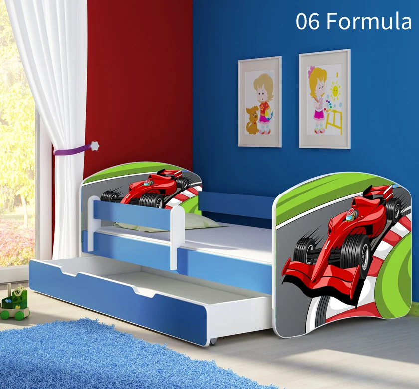 Dječji krevet ACMA s motivom, bočna plava + ladica 140x70 cm 06 Formula 1
