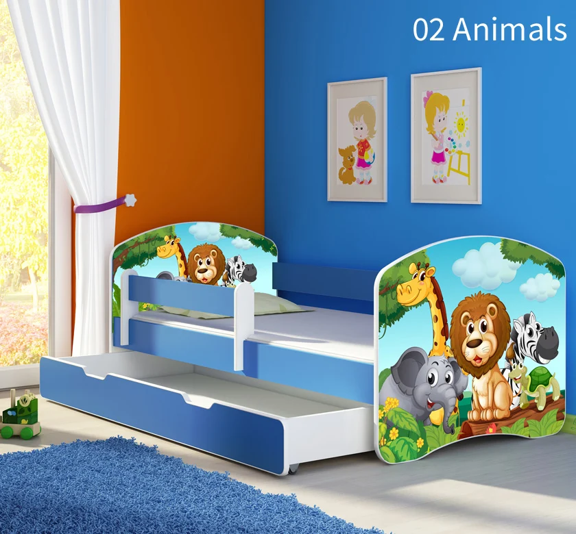Dječji krevet ACMA s motivom, bočna plava + ladica 140x70 cm 02 Animals