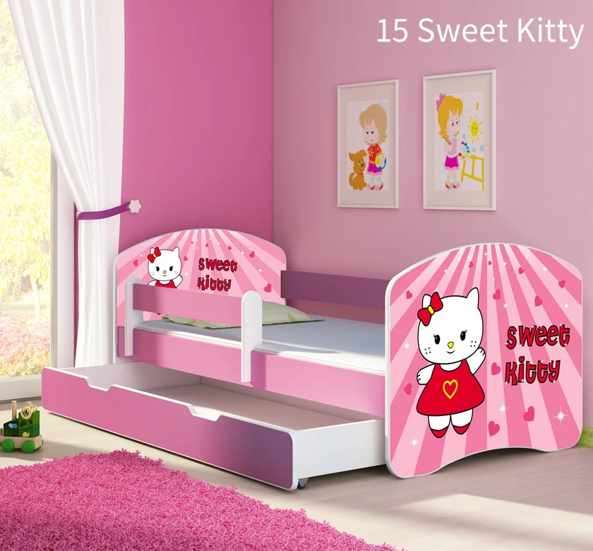 Dječji krevet ACMA s motivom, bočna roza + ladica 180x80 cm 15 Sweet Kitty