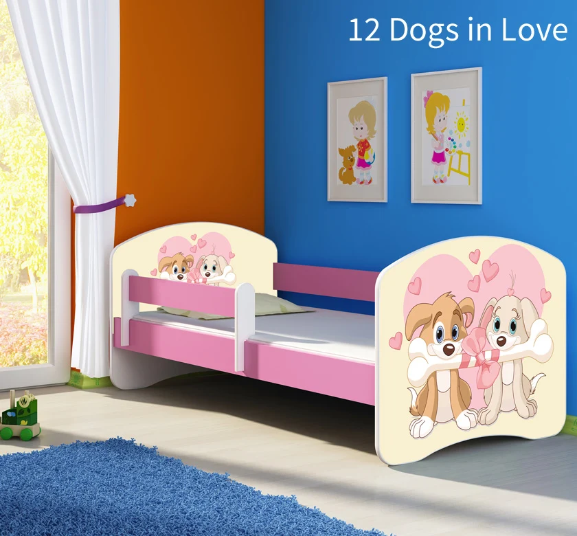 Dječji krevet ACMA s motivom, bočna roza 140x70 cm 12 Dogs Love