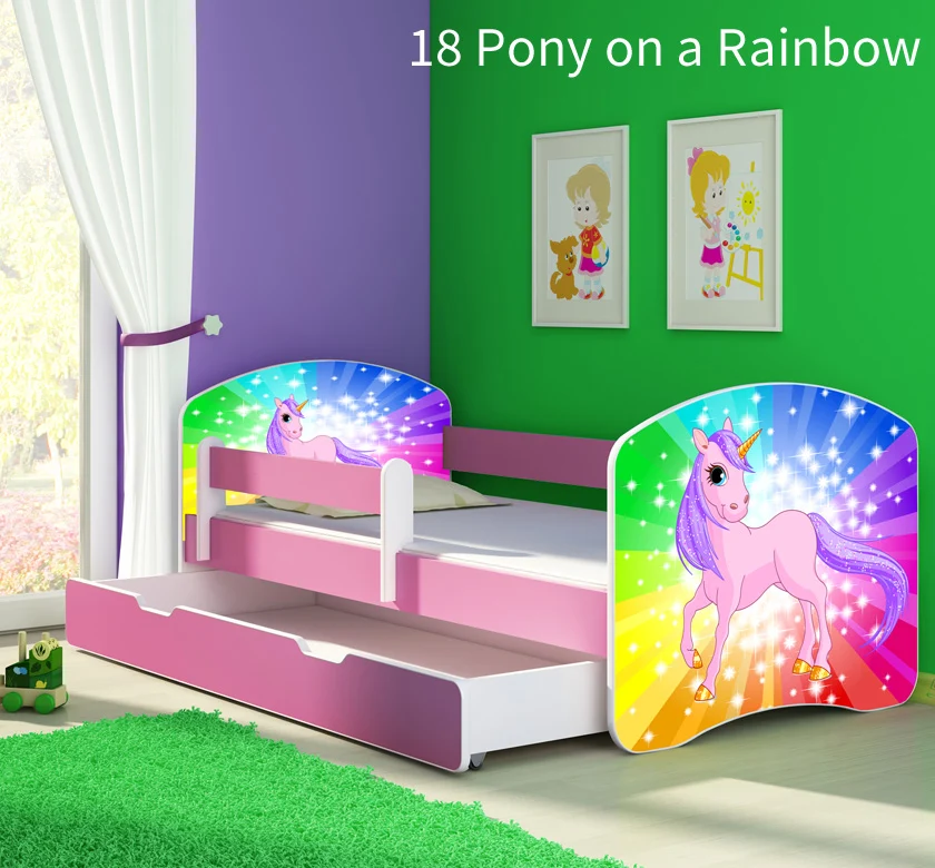 Dječji krevet ACMA s motivom, bočna roza + ladica 180x80 cm 18 Pony on rainbow