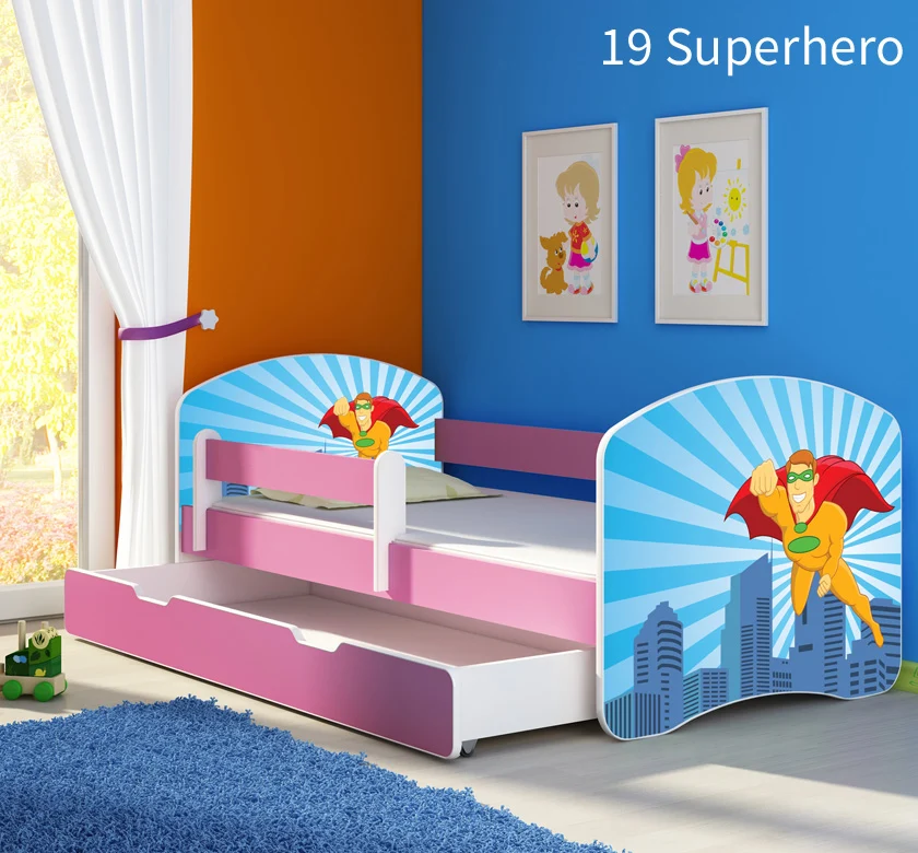 Dječji krevet ACMA s motivom, bočna roza + ladica 180x80 cm 19 Superhero