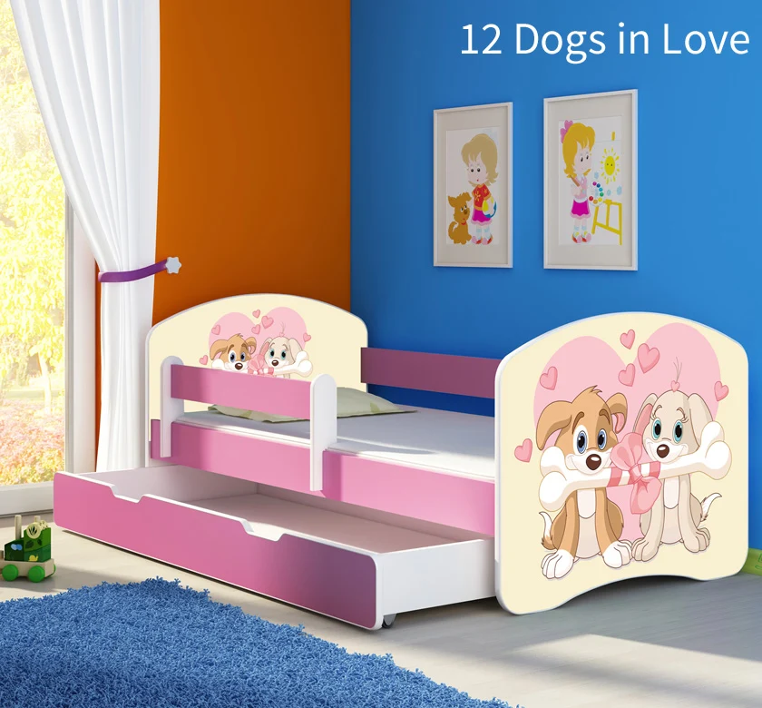 Dječji krevet ACMA s motivom, bočna roza + ladica 180x80 cm 12 Dogs Love
