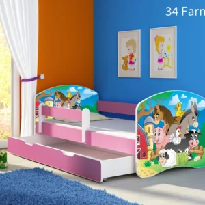 Dječji krevet ACMA s motivom, bočna roza + ladica 160x80 cm 34 Farm