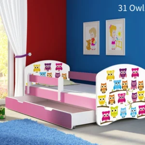 Dječji krevet ACMA s motivom, bočna roza + ladica 160x80 cm 31 Owls