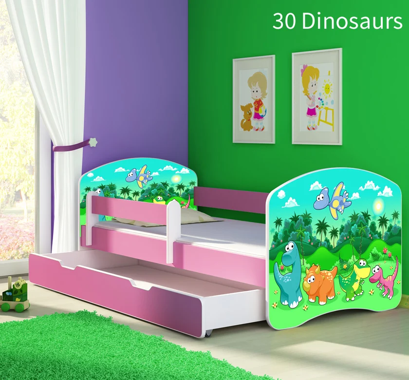 Dječji krevet ACMA s motivom, bočna roza + ladica 160x80 cm 30 Dinosaurs