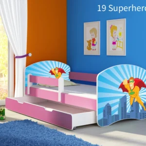 Dječji krevet ACMA s motivom, bočna roza + ladica 160x80 cm 19 Superhero