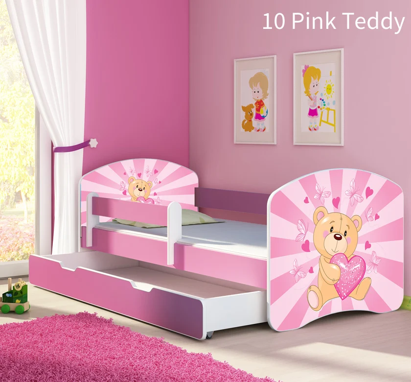 Dječji krevet ACMA s motivom, bočna roza + ladica 160x80 cm 10 Pink Teddy Bear