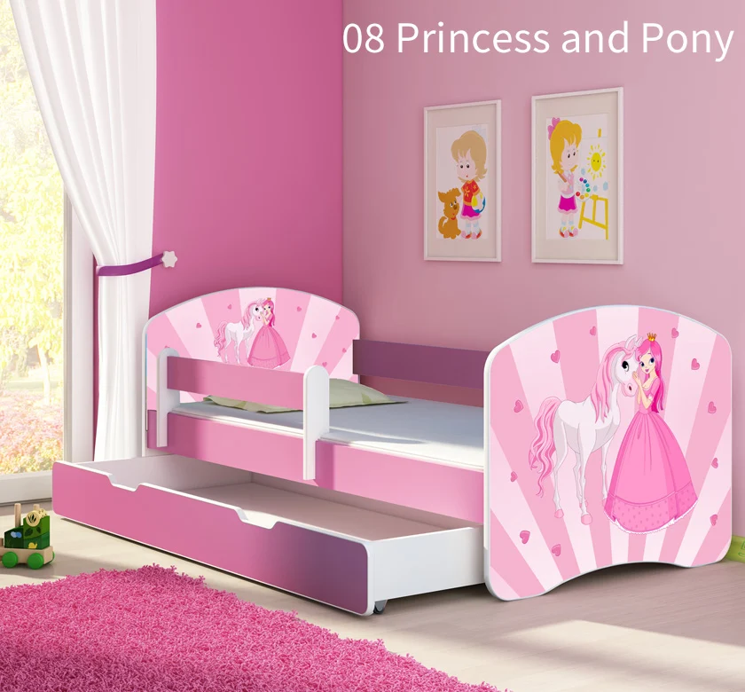 Dječji krevet ACMA s motivom, bočna roza + ladica 160x80 cm 08 Princess Pony